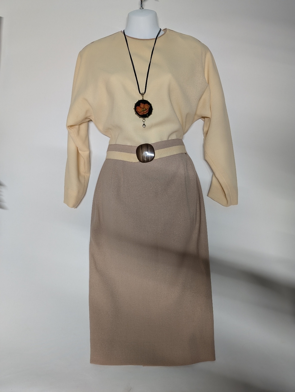 Cream and Taupe Pencil Skirt Bat Wing Dress Classic Vintage Handmade Classic - Picture 2 of 15